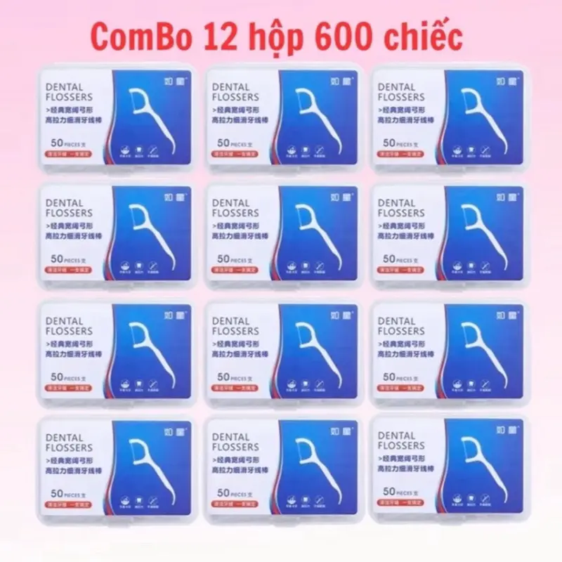 Combo 12 hộp tăm chỉ nha khoa 600 chiếc tem đỏ, sợi chỉ không bị tứ xước , đóng hộp dán tem 2 mặt.