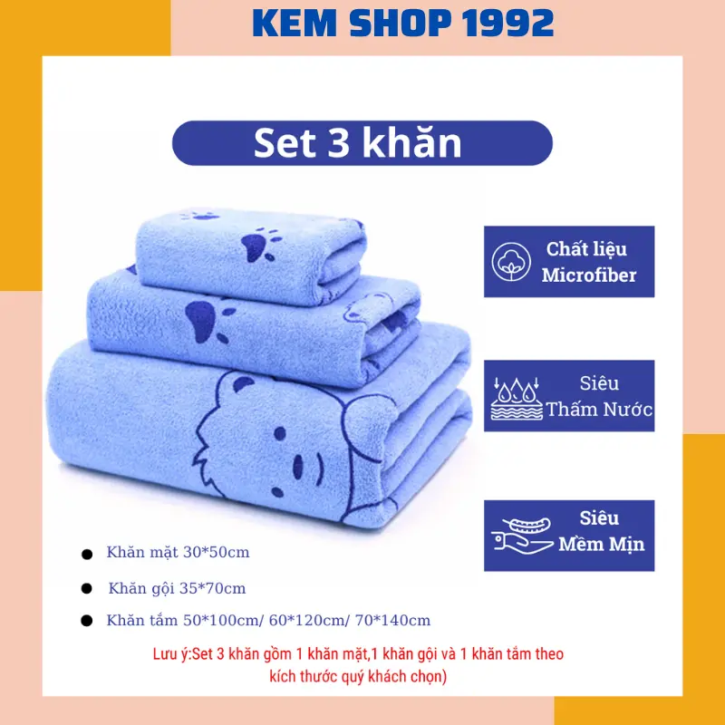 Sét 3 khăn Tắm ,Gội ,Lau Mặt chất liệu sợi Microfiber cao cấp siêu mềm mịn, hút nước, không ra màu ( dùng được cho trẻ nhỏ) Nhà Tắm 0