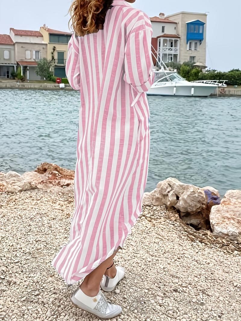 Product Introduction of Women's Striped Print Button Front Shirt Dress, Elegant Collared Dress for Spring & Fall, Ladies Clothes for Daily Wear 8