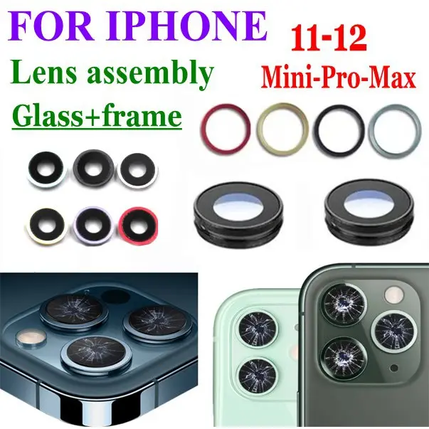 เลนส์กล้องด้านหลัง, 1 ชิ้น, สำหรับ iPhone 11, 12 Mini, Pro Max, 11 Pro, 11 Max, กรอบเลนส์แก้วกล้องด้านหลัง, [กระจก + กรอบ]