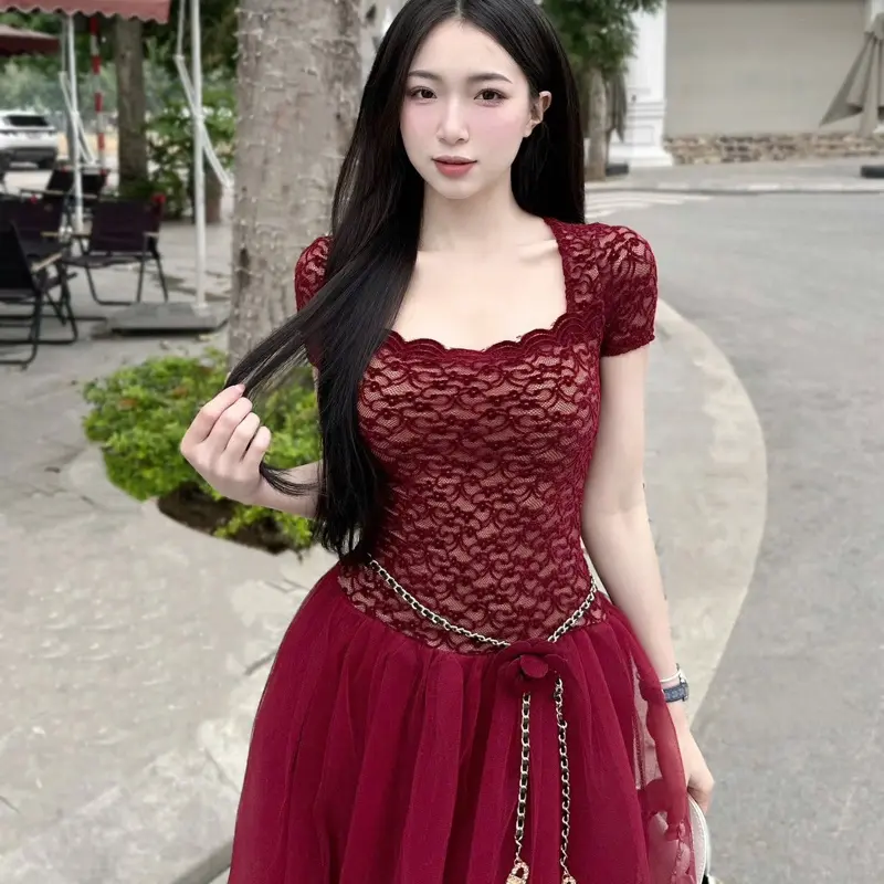 Bb36 Váy Ren Nhung Chân Lưới Dài Kèm Dây Eo Hoa ( chuẩn ảnh) tôn dáng nữ tính,38-54kg,szS/M 6
