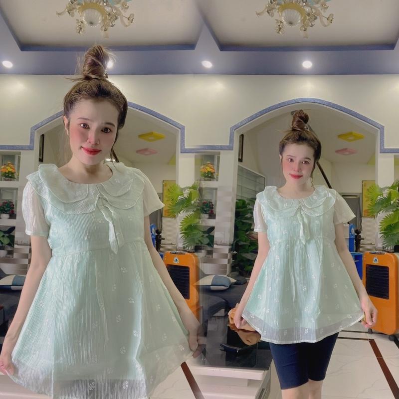 Áo Bầu Voan Kiểu Cổ bèo 2 Lớp Form Rộng Dáng Tiểu Thư Bồng Bềnh Hàn Quốc-Nút điều chỉnh hai bên(45-95kg) 3