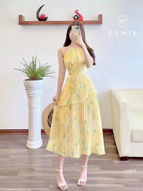Váy Đầm maxxi xòe Đi tiệc, Đi chơi chất voan hoa họa 2 lớp dập ly 0