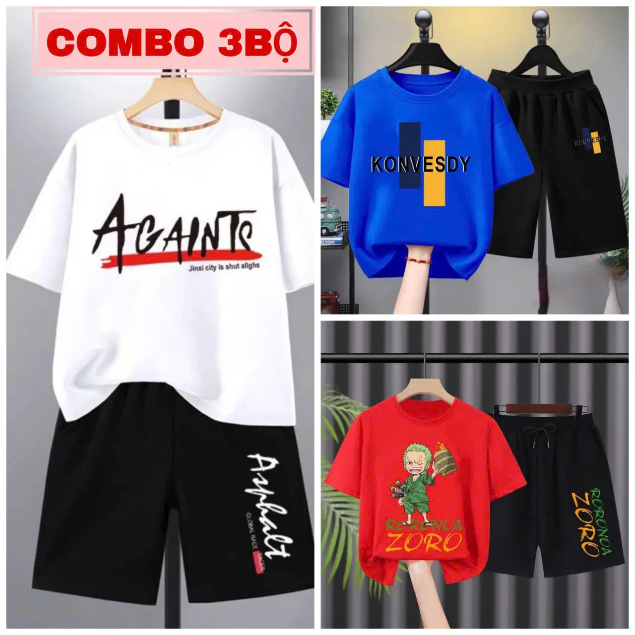 Combo 3 Bộ bé trai size đại từ 17kg đến 40kg.Bộ quần áo bé trai dáng quần đùi áo cộc tay,phong cách Hàn Quốc,chất thun co giãn thoải mái,tuổi từ 5 dến 14 tuổi.