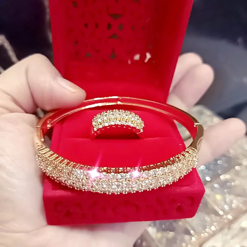 Set Gelang Cincin Berlian Gold Pelapisan Logam Permata Zicronia Cooper Alloy - Fashion Style - Kulit, Perhiasan 1