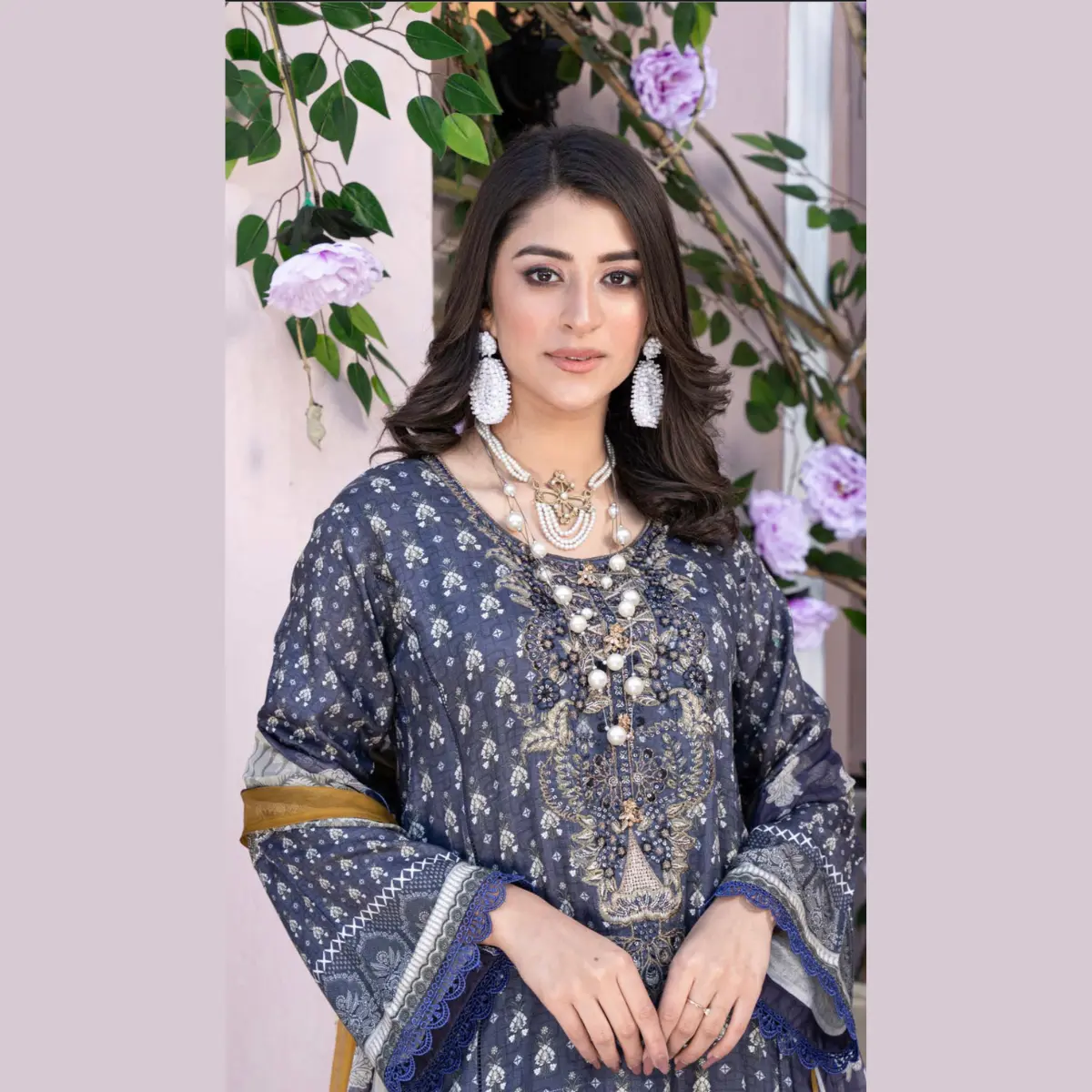 DJ-MSL-01 - Ready to Wear 3 Piece Digital Jacquard Linen Suit with Dyed Trouser and Bamber Chiffon Dupatta (With Embroidery Patches)