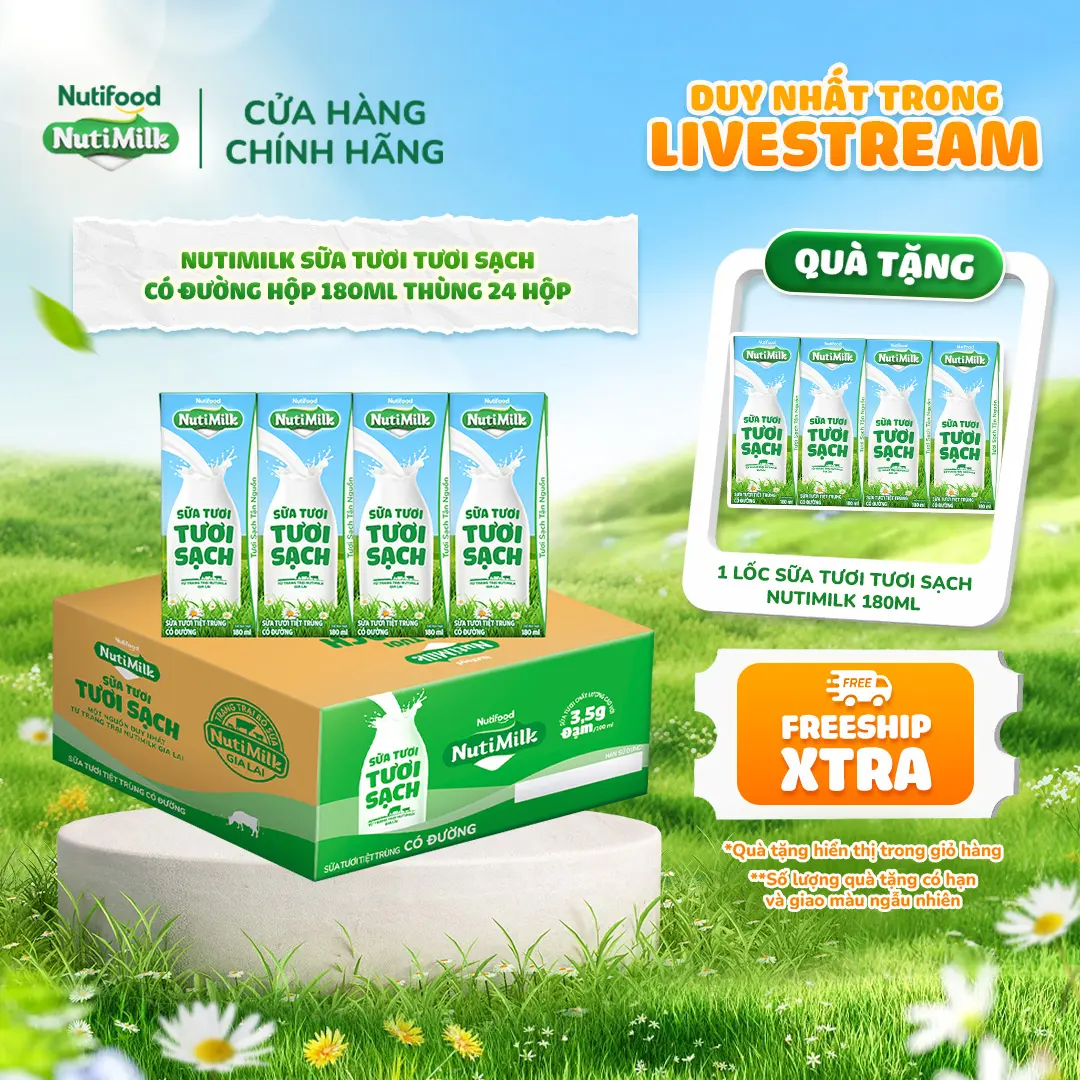 [NTF] NutiMilk Sữa Tươi Tươi Sạch Hộp 180ml Thùng 24 Hộp (180ml x 24 hộp)