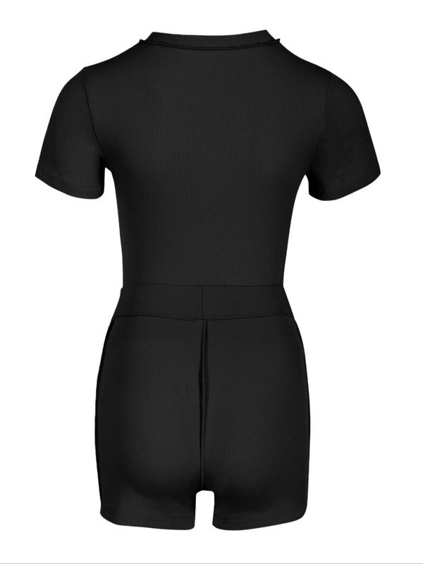 Women's Solid Top-stitching Ribbed Loungewear Set, Summer Clothes, Casual Round Neck Short Sleeve Crop Top & Shorts Pj Set, Summer Sets, Ladies Sleepwear, Summer Wear 2024, Womenswear 5