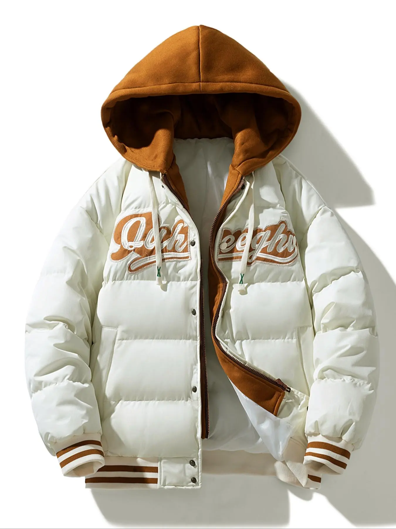 Men's Letter Print Drawstring Zip Up Hooded Coat, Regular Fit Casual Drop Shoulder Long Sleeve Button Front Thickened Outerwear for Fall & Winter, Men's Clothes for Daily Wear
