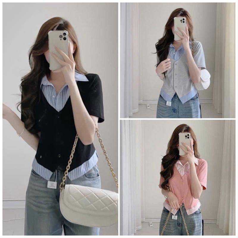Áo thun phối cổ sơmi vạt xẻ tay ngắn bigsize 45-85kg (577) chất liệu thun tăm lạnh kiểu dáng thanh lịch