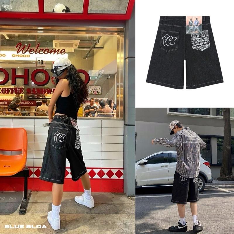 Quần Short Jeans Lửng Blue Bloa Nam Nữ Vải Không Phai Không Co - Quần Ống Rộng Màu Chì Style Y2k