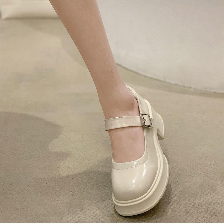 Giày Mary Jane, Đế Dày, Phong Cách Pháp, Giày Cao Gót Chunky Màu Trắng, Cắt Nông, Tăng Chiều Cao Nhỏ, Thích Hợp Cho Váy, Giày Da Nhỏ Dành Cho Nữ 5