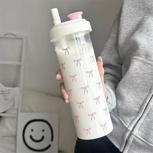 Botella de agua de pajita rosa con moño de estilo múltiple, 500/850ml, con tapa, dulce, espuma de café, leche, té, vaso de plástico para escuela y actividades al aire libre, botella de agua potable