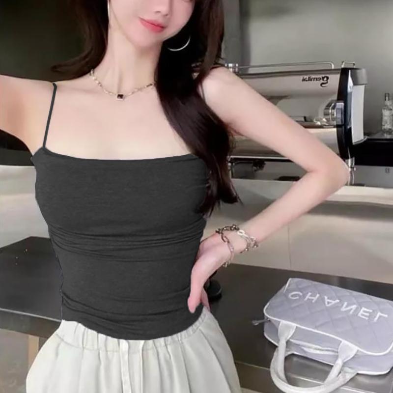 Áo Yếm Nữ, Màu Trơn Dây Đeo Spaghetti Thiết Kế Xếp Ly, Mỏng Vừa Vặn, Có Đệm Ngực, Thích Hợp Cho Mùa Hè 3
