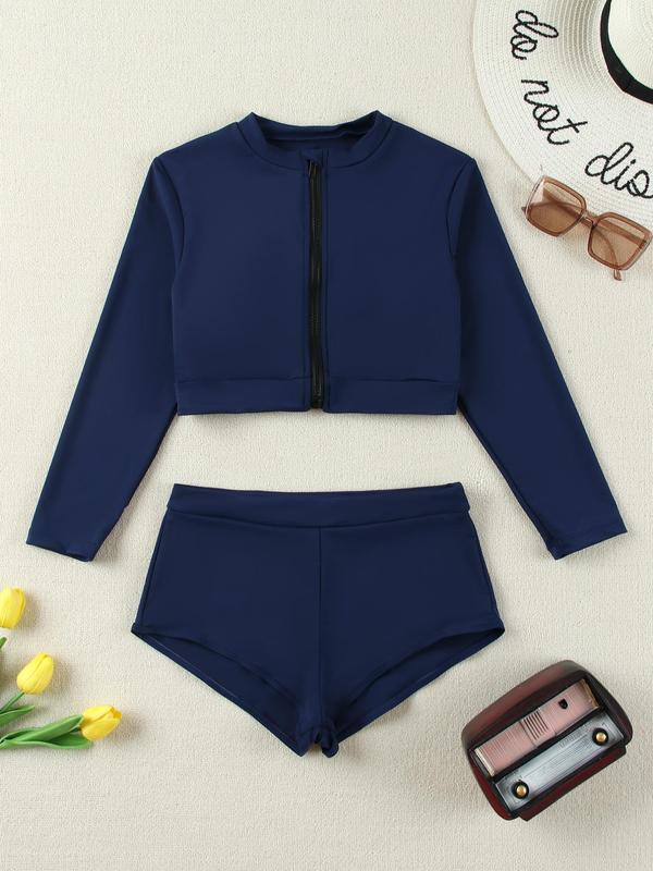Women's Solid Zip Up Crop Top & Shorts Racing Swimsuit Set, Long Sleeve Round Neck Top & Skinny Shorts, Swimsuit for Women 6