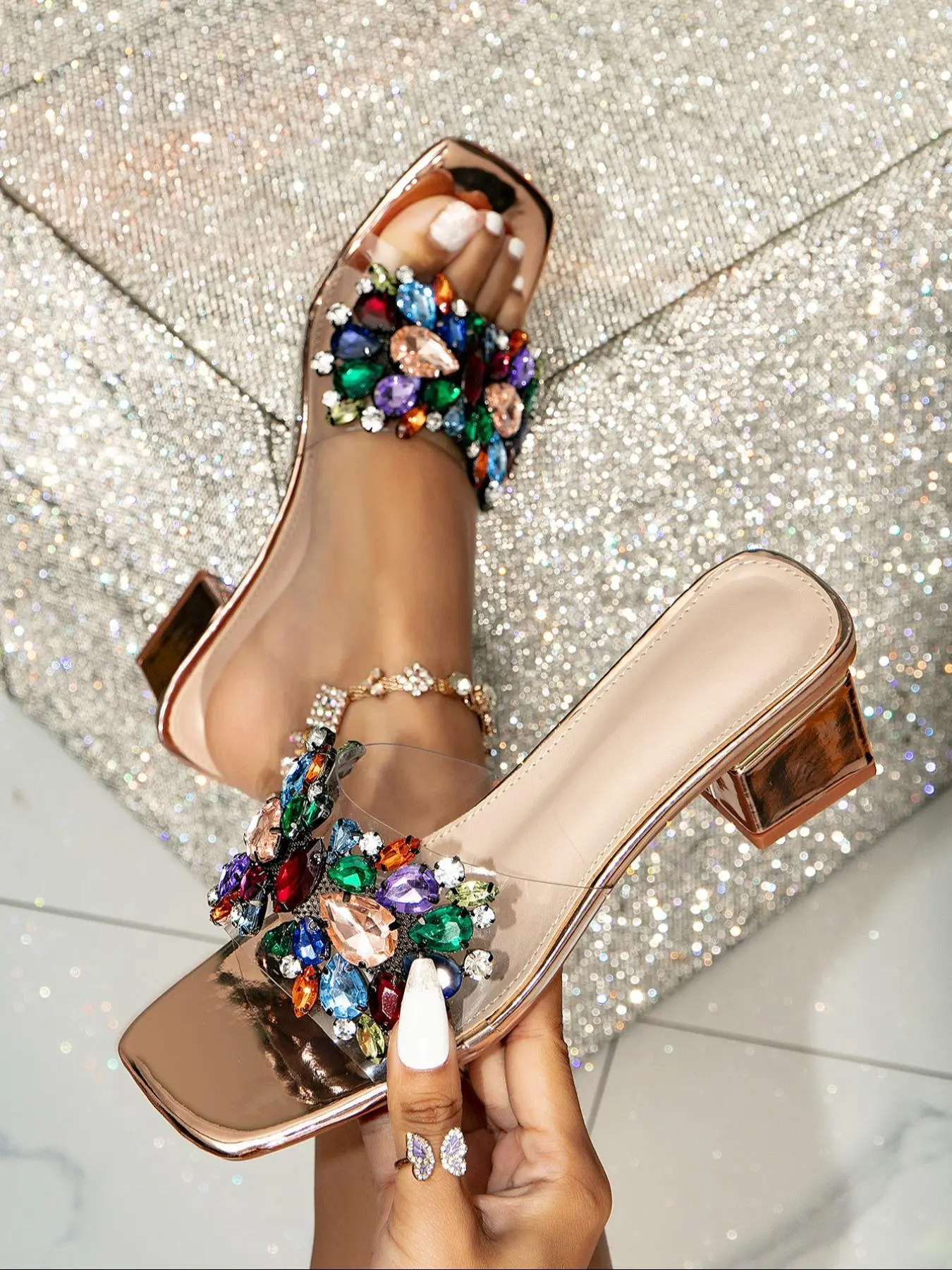 Women's Fashionable Rhinestone Decorated Slide Sandals, Elegant Square Toe High Heel Sandals for Party, Daily Clothing Decor for Women & Girls