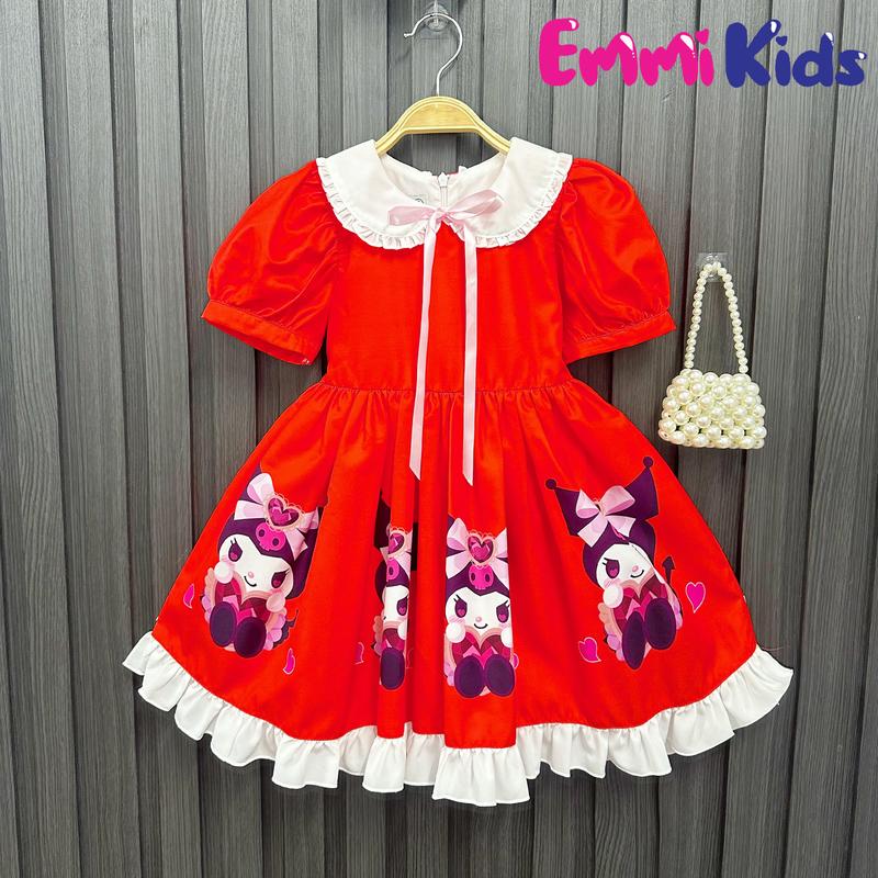  B73- Emmi Kids Váy Hè ,Váy Đi Biển Lolita Kuromi cho bé gái đầm công chúa thắt nơ,Chất vải lụa 5D  10-34kg  