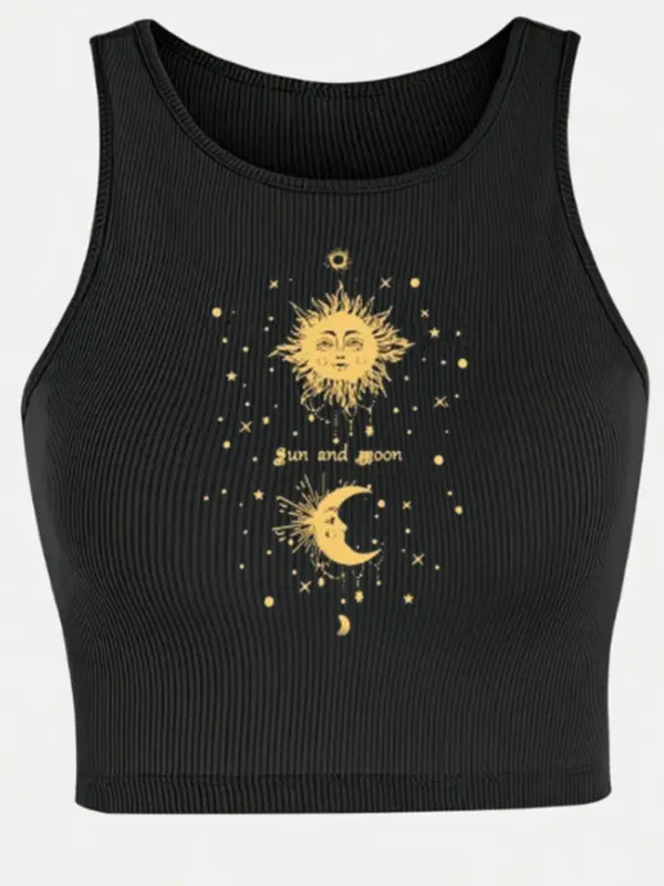 Women's Star & Moon Galaxy Print Ribbed Crop Tank Top, Casual Fashion Scoop Neck Sleeveless Top for Summer, Women's Top for Daily Wear 0