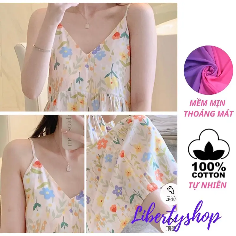 Váy Ngủ, Đầm Mặc Nhà 2 Dây Cổ V Dáng Xoè Chất Liệu Lanh Siêu Mềm Mát Mịn, Hàng Quảng Châu Freesize 47-75kg 2