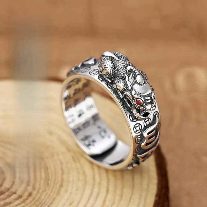 Nhẫn Ruby Tỳ Hưu, Bạc Cổ Điển Dành Cho Nam, Thiết Kế Xuyên Thấu Trái Tim, Được Chuyển Đồng Tiền Xu Đồng, Nhẫn Mở, Phong Cách Sinh Tồn, Độc Đoán, Nhẫn Nam 8
