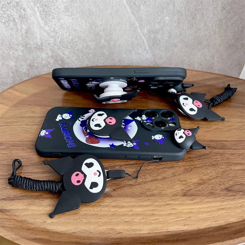 Product Introduction of 3D Cartoon Kuromi Toy With Lanyard Phone Holder Case For iPhone 16 15 14 13 12 11 Pro Max Plus Casing Soft Silicone Strap Rope Cover 16