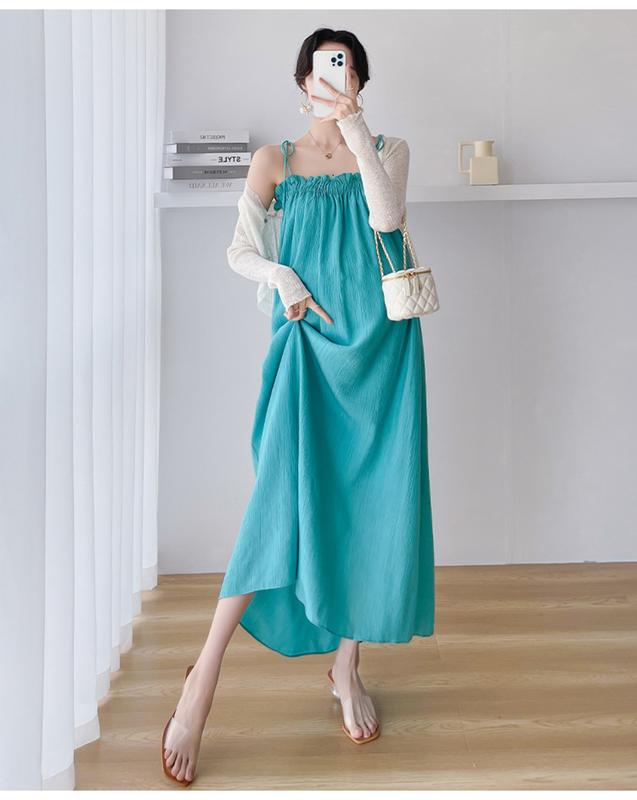 Young Mom | Set đầm bầu SET0103 gồm áo khoác cardigan và váy 2 dây xinh xắn, form maxi dài qua gối, mát mẻ dành cho mùa Hè trẻ trung Váy Bầu Thai sản Thai kỳ Thoáng khí Voi Sandal Kem