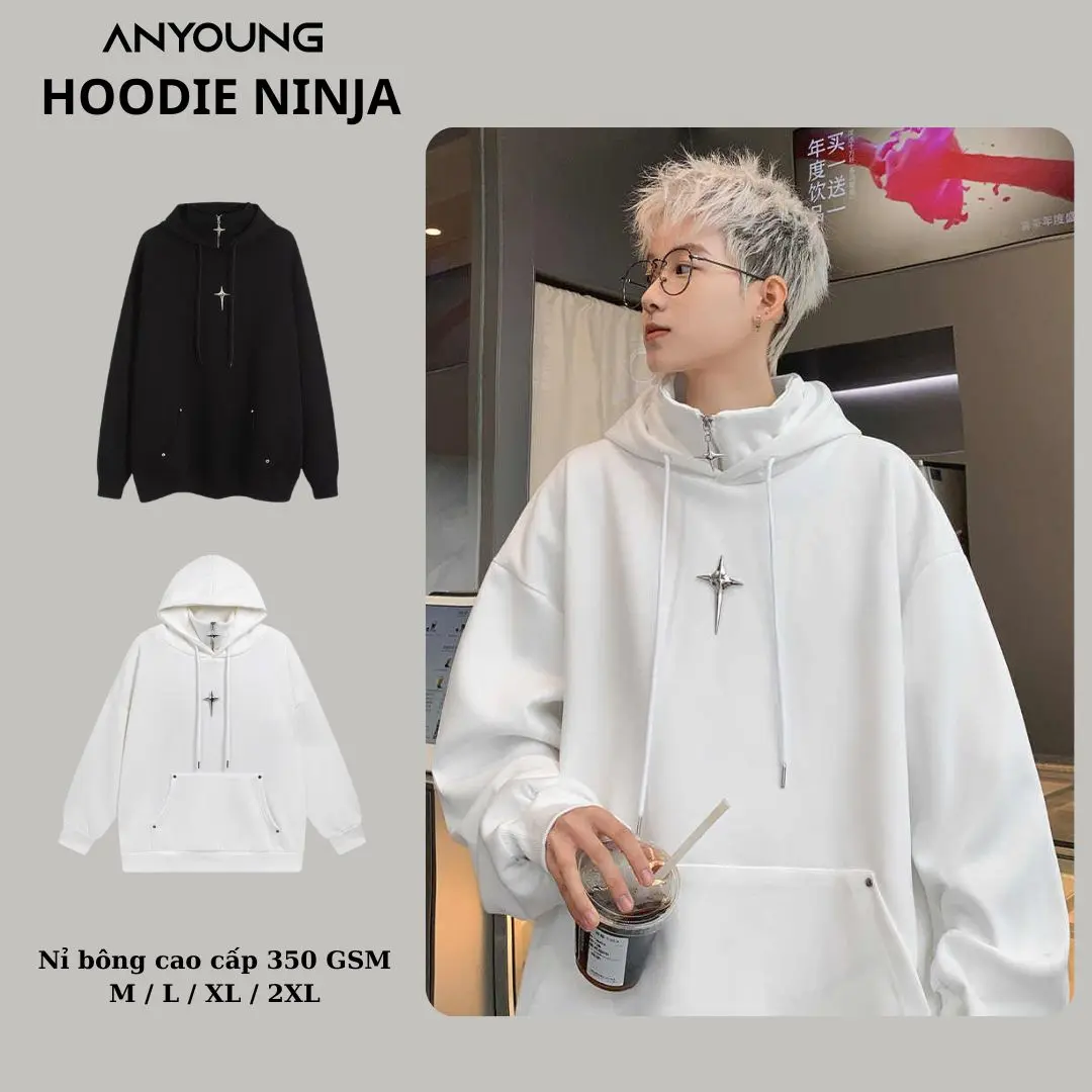 Áo hoodie Anyoung nam nữ cổ cao dáng rộng phối khóa kéo thời trang kiểu ...