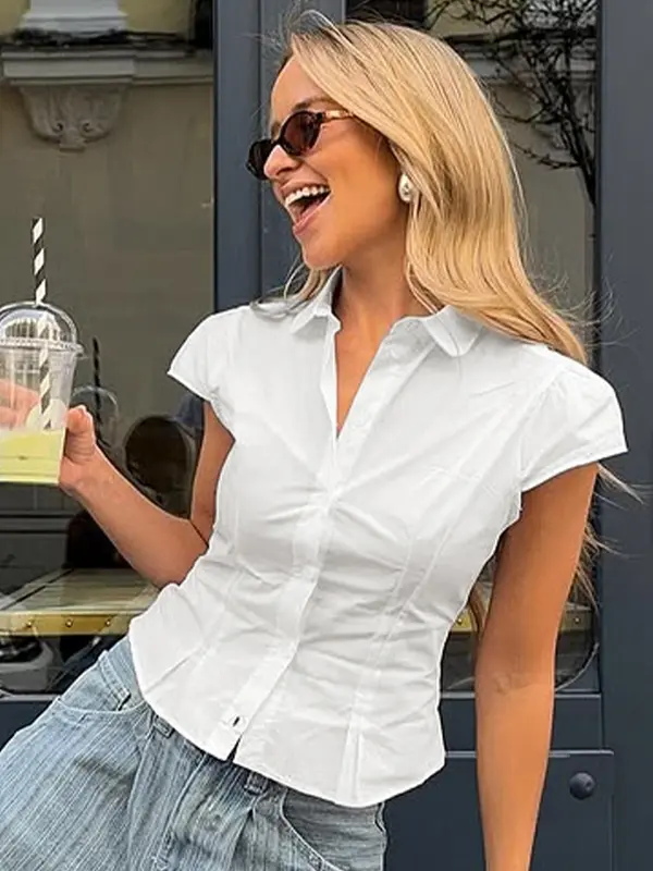 Women's Plain Collared Shirt, Casual Short Sleeve Top for Summer, Fashion Women's Top for Daily Wear, Blouse 6
