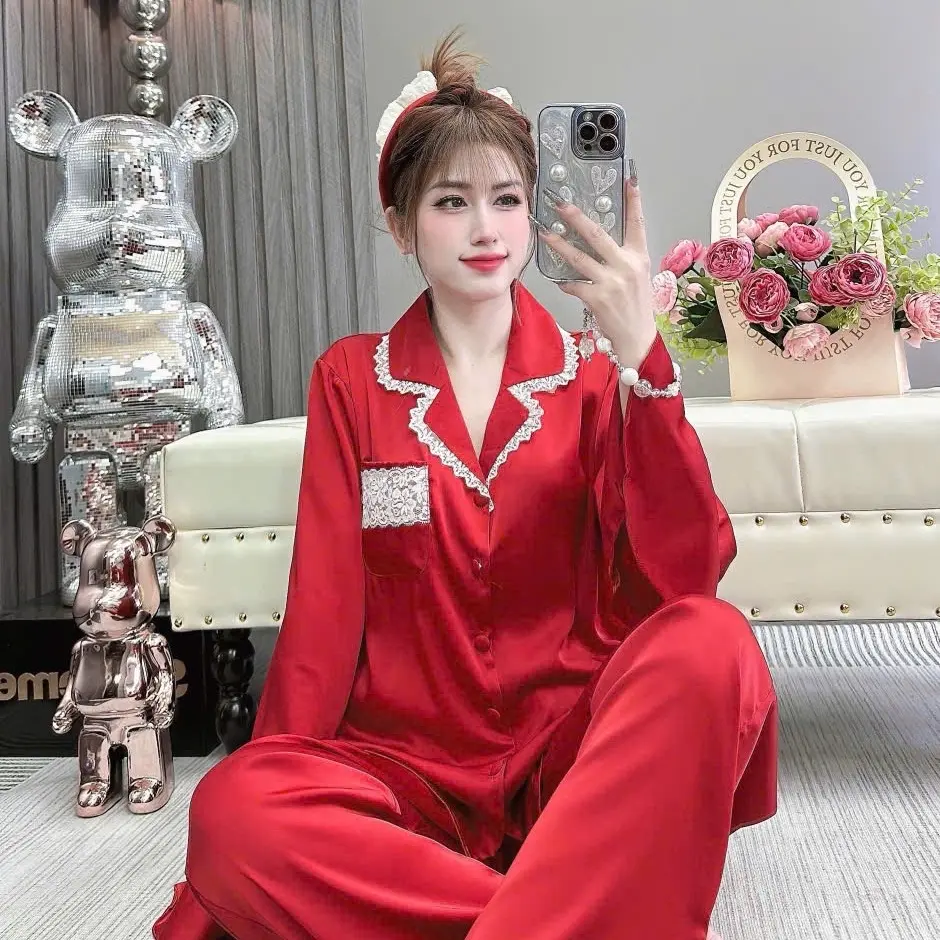 Bộ pijama tay dài loe phối ren trơn chất lụa latin màu đỏ - Freesize 40-60kg