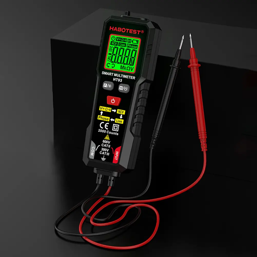 HABOTEST Multimeter Digital HT93 TRMS 2000 Hitungan Multi Tester Auto-Ranging dengan NCV Ohm Voltage Tester Meter LCD Backlit Live Wire Test Baterai Hijau