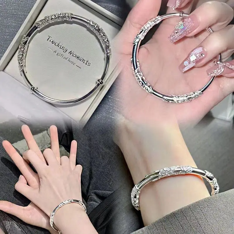 Vòng Tay Bạc, Thiết Kế Hoa Nở, Hoa Và Lông Vũ, Trơn, Phong Trào Hoa, Vòng Tay Kéo Đẩy, Không Phai Màu, Thích Hợp Làm Quà Tặng Ngày Lễ Tình Nhân Cho Bạn Gái