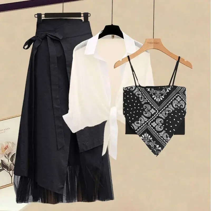 plus Size Women's Clothing Spring Suit Women's 2022 New Fashion Suspenders Gauzy Cardigan High Waist Skirt Three-Piece Suit Fashion🎈0921