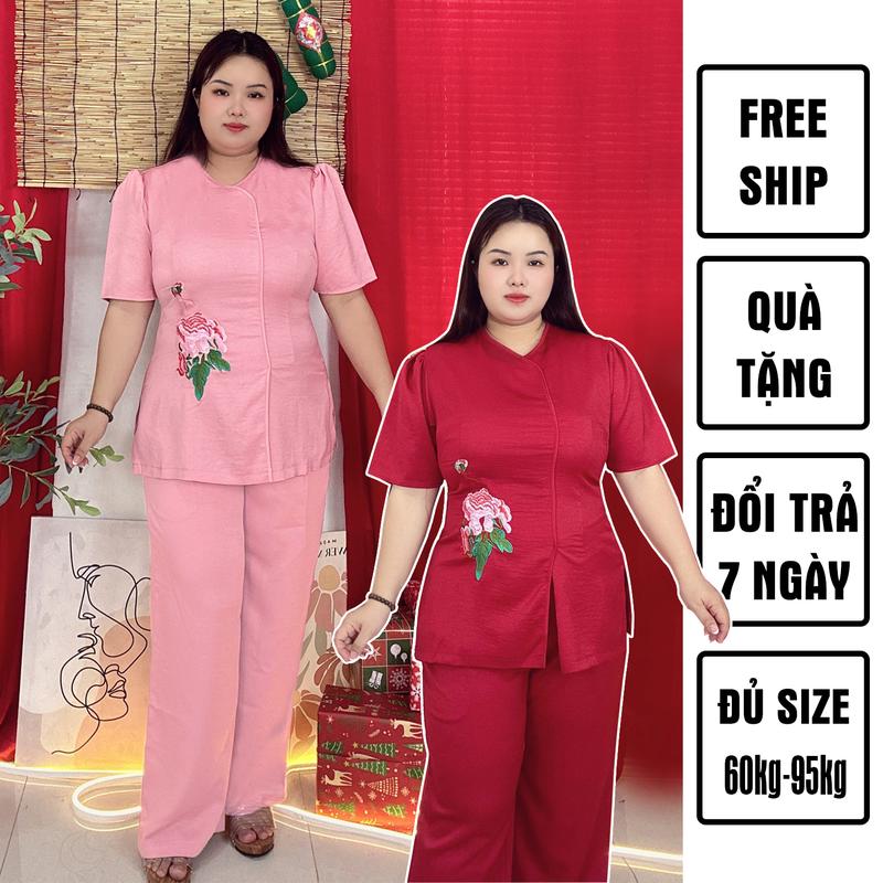 Đồ lam đi chùa bigsize 60kg-95kg thêu hoa mẫu đơn quần ống rộng mặc đi chùa dịp tết