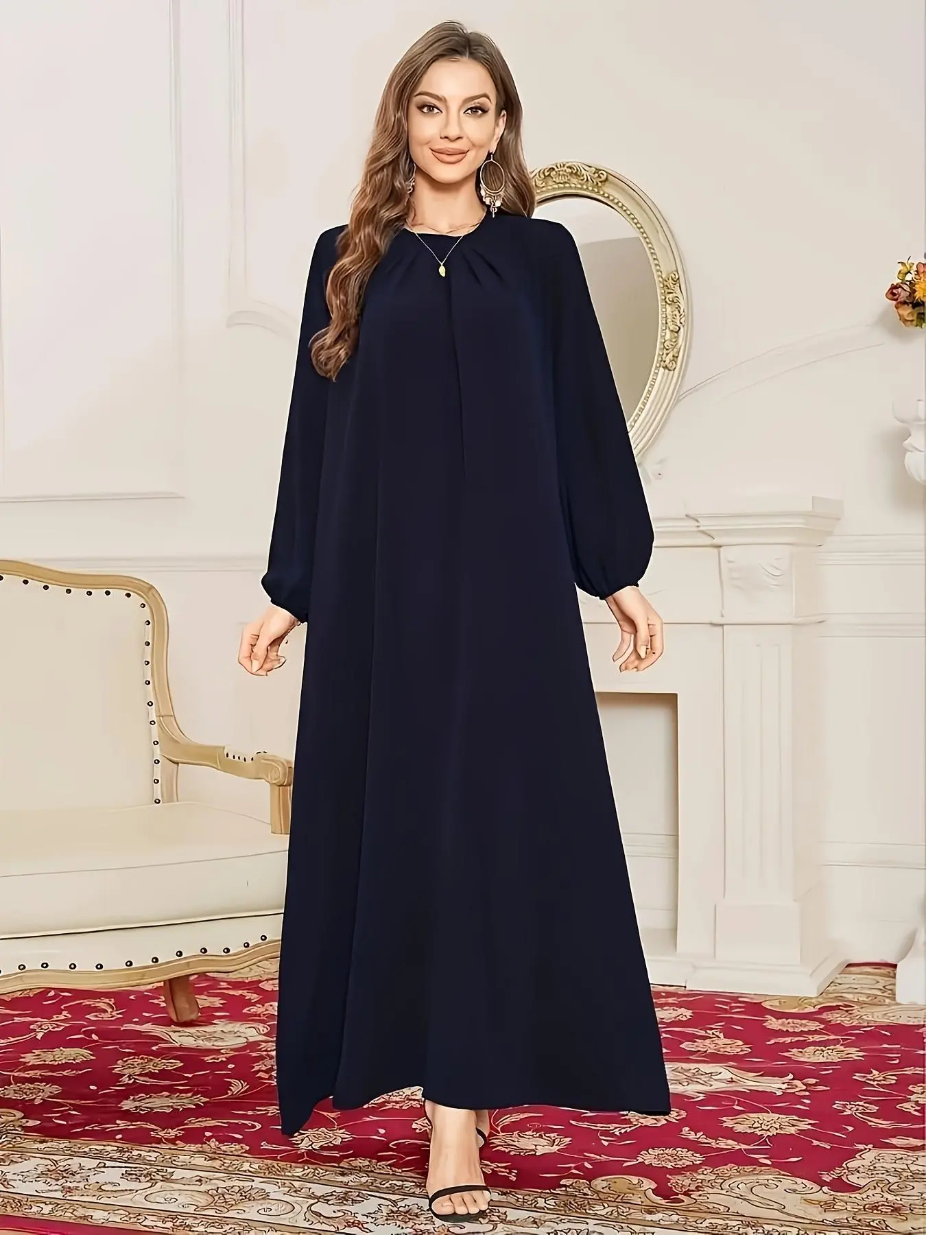 Women's Solid Plicated Bishop Sleeve Kaftan Dress without Hijab, Modest Long Sleeve Round Neck Long Dress for Daily Wear, Ladies Clothes for All Seasons