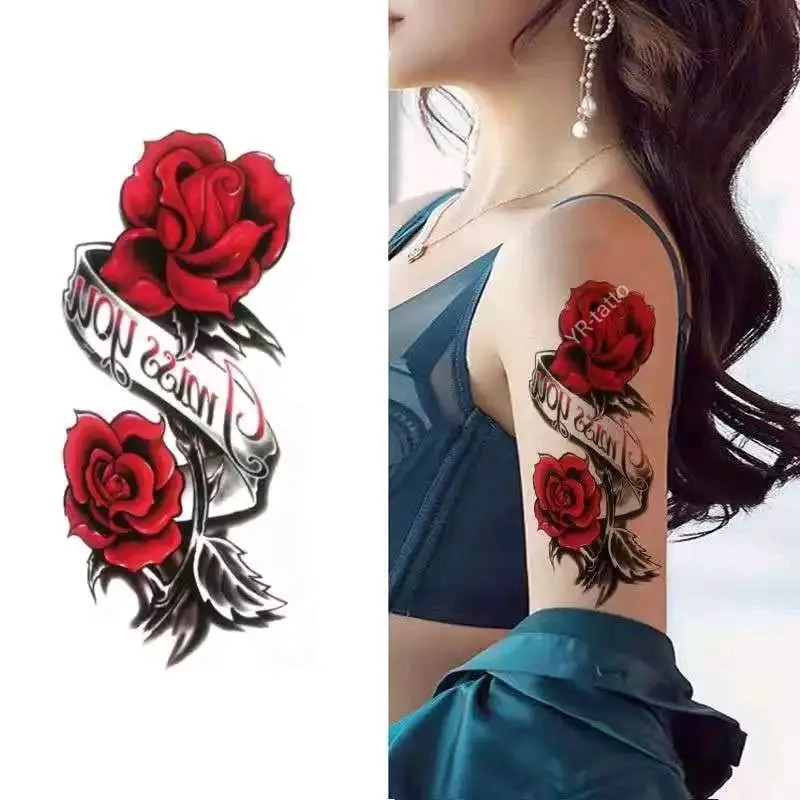 QC-666 MAWAR MERAH Sticker Tato temporer Tahan air Sementara Tatto Temporary Wanita Bunga Kering Tubuh
