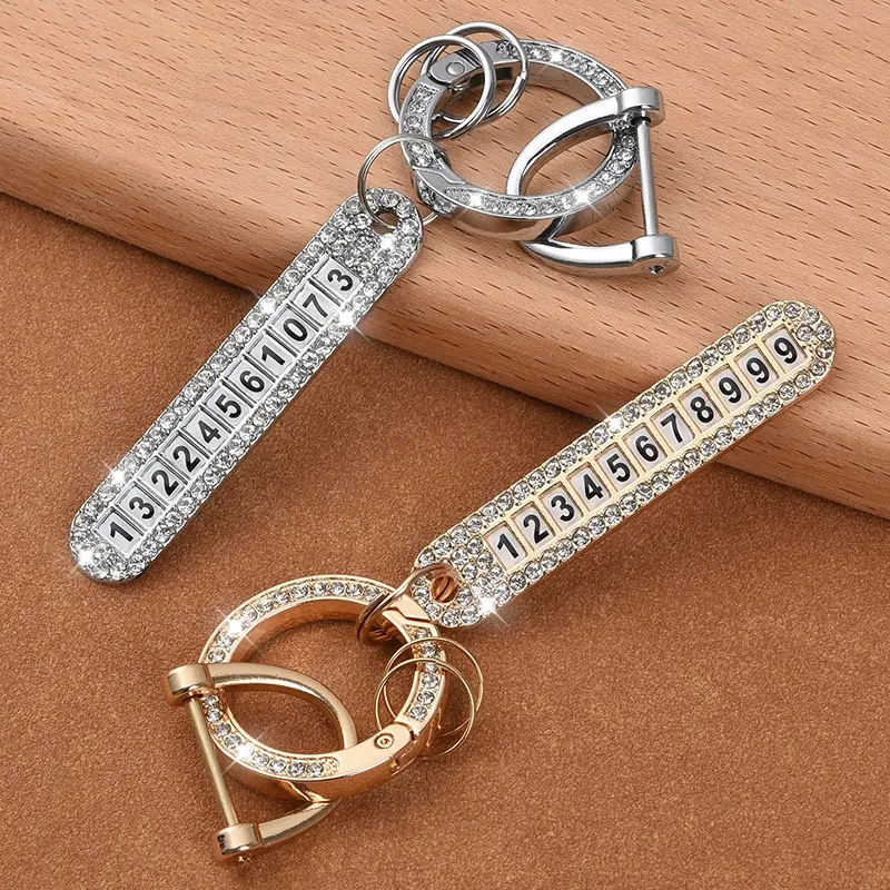 Diamond-studded Keychain Car Key Pendant with Anti-lost Phone Number Plate Exquisite Key Chain Pendant
