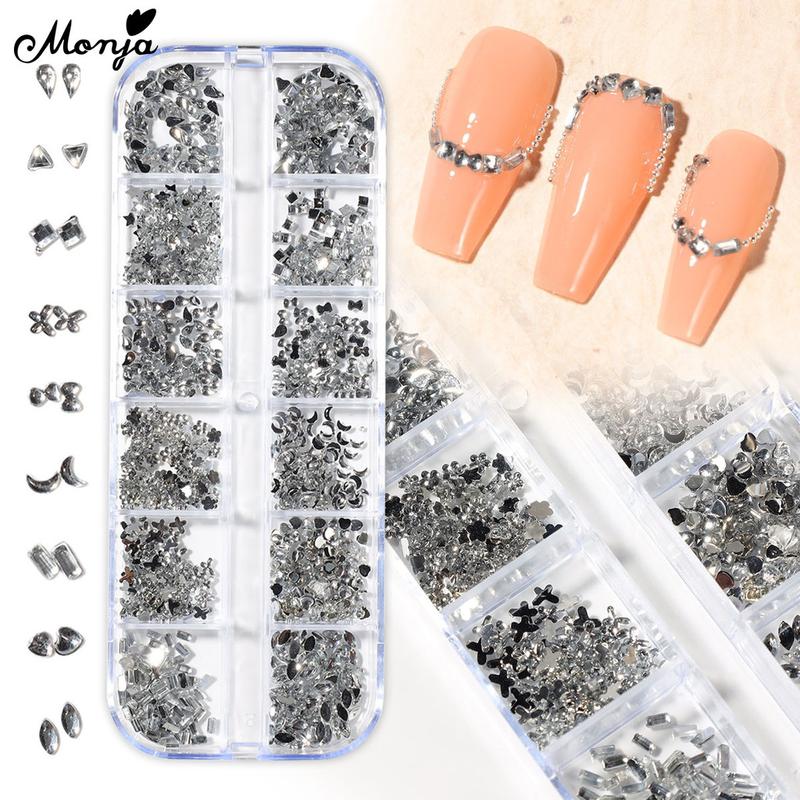 Đính Đá Nghệ Thuật Làm Móng Monja 12 Ngăn Màu Bạc Charm 3D Hình Trái Tim Ngôi Sao Mặt Trăng Trang Sức Kim Cương Pha Lê Sáng Bóng Trang Trí Dụng Cụ Làm Móng Nghệ Thuật Tự Làm