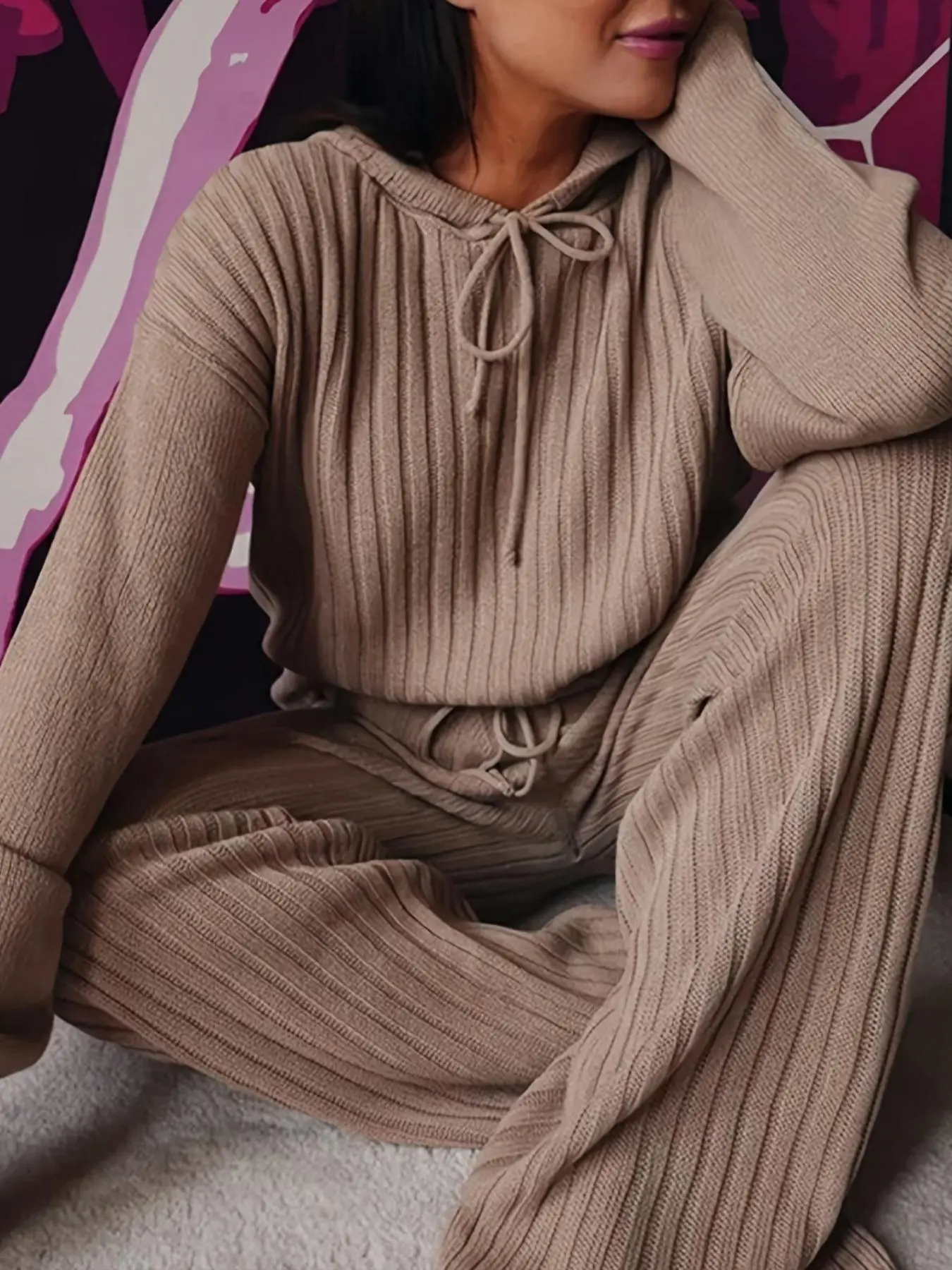 Two-piece Set Women's Solid Drop Shoulder Drawstring Hoodie & Elastic Waist Straight Leg Pants Two-piece Set, Casual Fashion Cozy Breathable Two Piece Outfits for Daily Outdoor Wear, Women's Clothes for Spring & Fall, Matching Sets