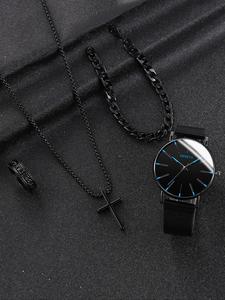 Men's Business Fashion Round Dial Analog Quartz Watch & Cross Necklace & Bracelet & Ring Set, without Box, Trendy Exquisite Watch Set for Party for Gifts