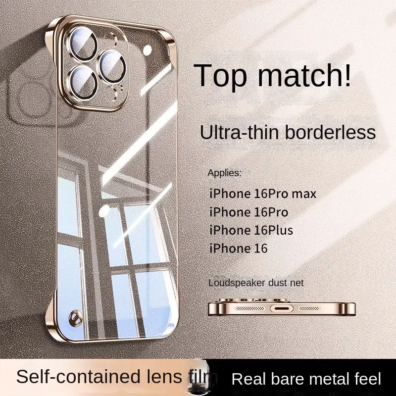 Ốp Điện Thoại Mạ Điện Điện, Không Khung, Áp Dụng Cho iPhone 16 / 15Promax Và Apple 14, Siêu Mỏng, Trong Suốt, Ốp Bảo Vệ, Có Bảo Vệ Ống Kính Phụ Kiện Phụ Kiện