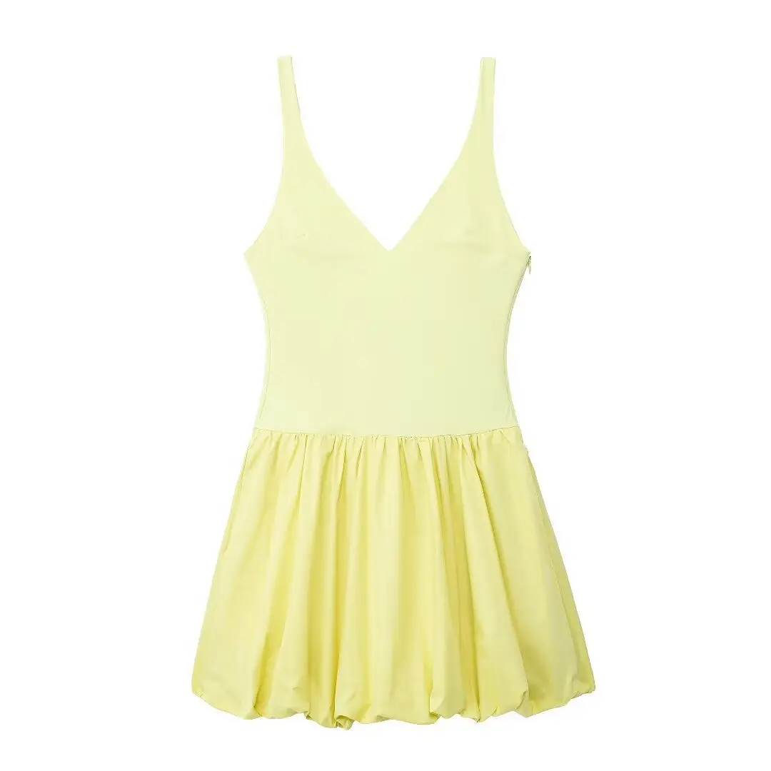 Women Dress Voan Vàng Váy Nữ, Phong Cách Sang Trọng, Thiết Kế Bèo Nhún Viền Balloon, Chắp Vá