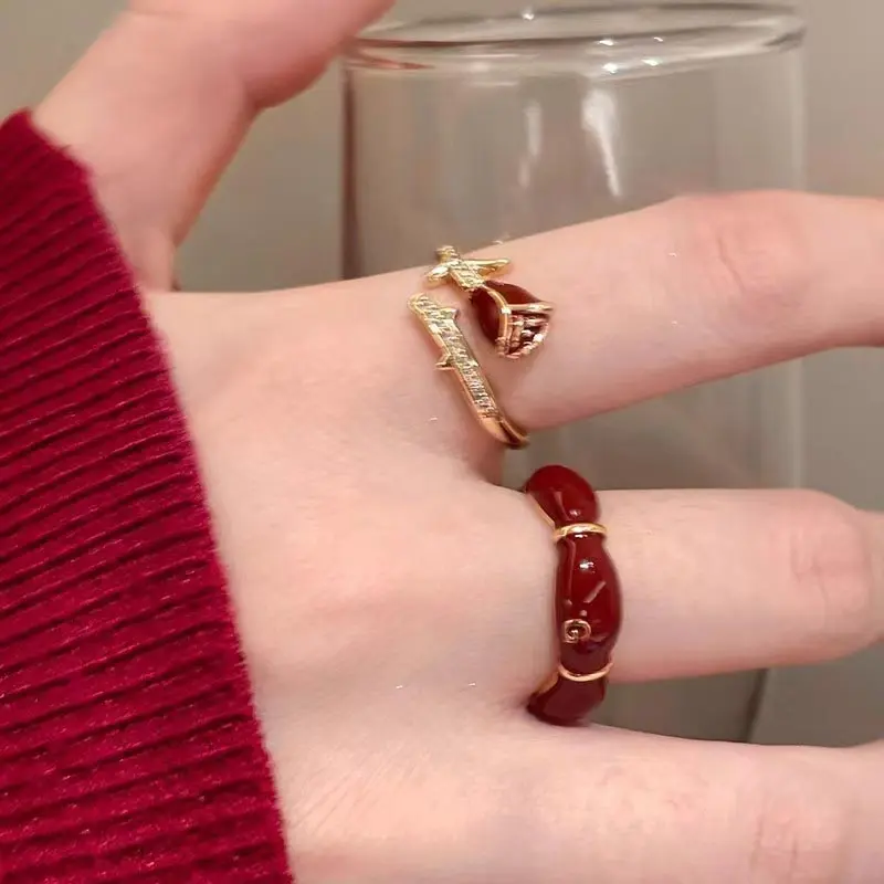 【Sktlz】Wine Red Rose Zircon Ring Wanita Buka Indeks Cincin Finger Temperature Adjustable Ring 2
