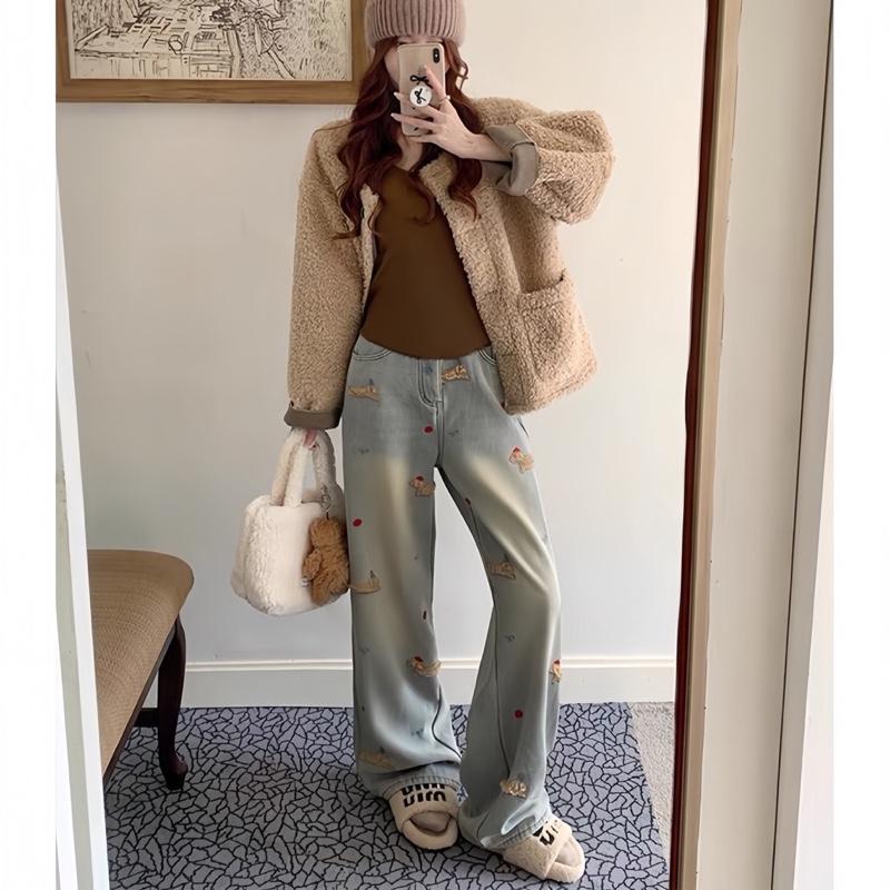 Quần jeans nữ ống suông vải QC phối thêu cún đỏ bi Q1388 105cm