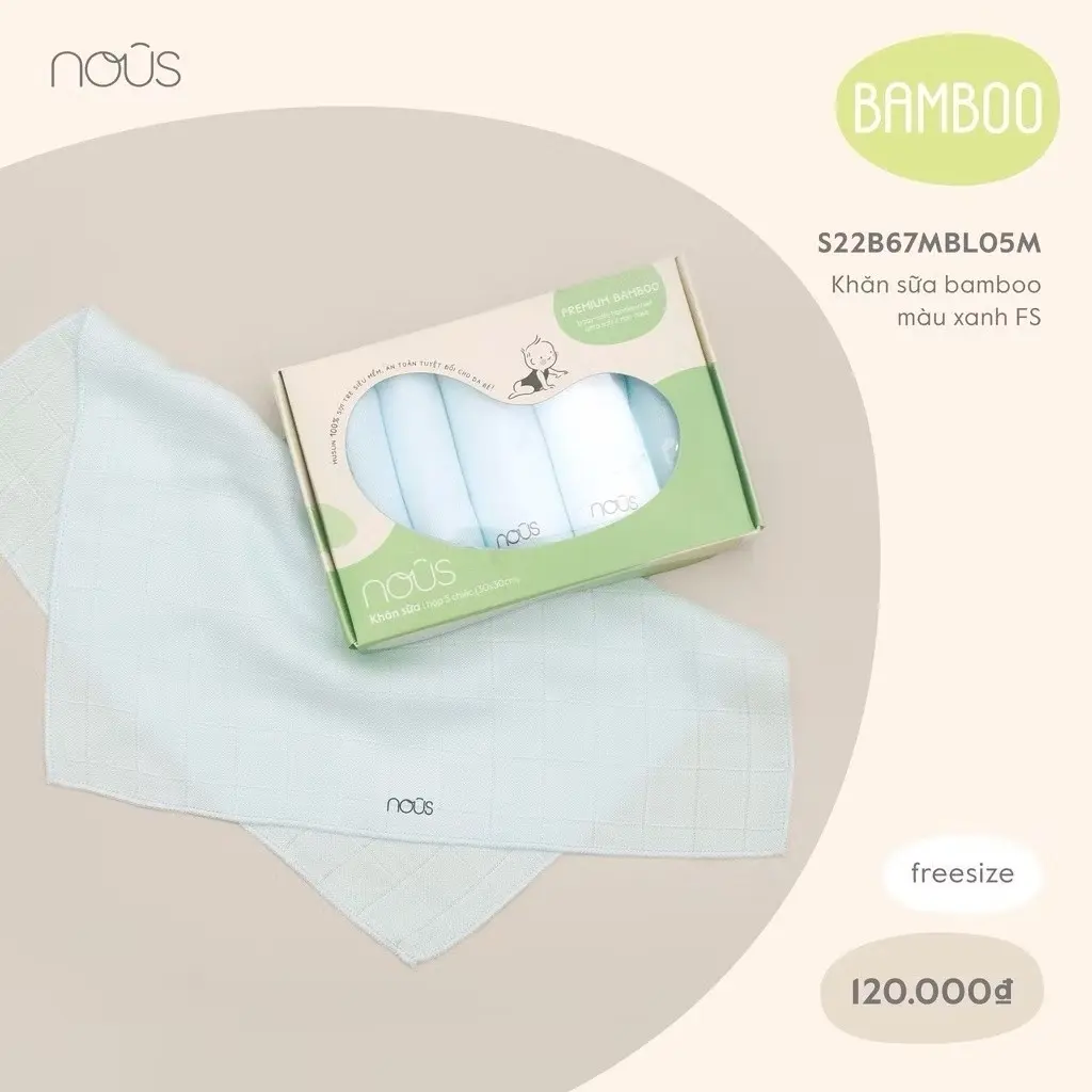 Bộ 5 khăn sữa sợi tre siêu mềm Nous cho bé trai và bé gái màu trắng - hồng - xanh Kem Voi Khăn lau mặt Khăn tắm Khăn ăn em