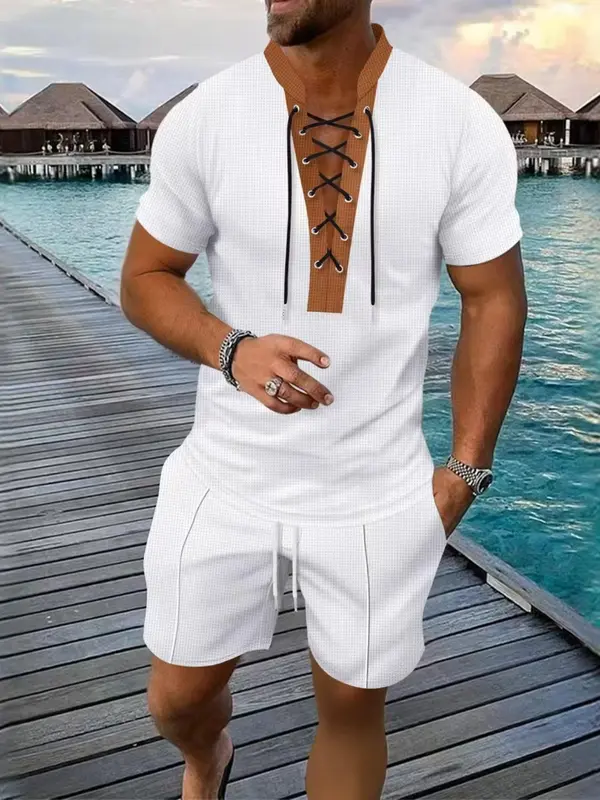 Two-Piece Set Men's Solid Color Waffle Knit Utility Shirt & Shorts, Casual Short Sleeve Collared Top & Shorts for Summer, Men's Clothes for Beach Vacation, Menswear 8