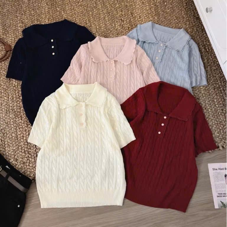 Áo polo nữ  PHỐI CỔ REN BÈO hàng QC chất len lông thỏ mềm mại , freesize