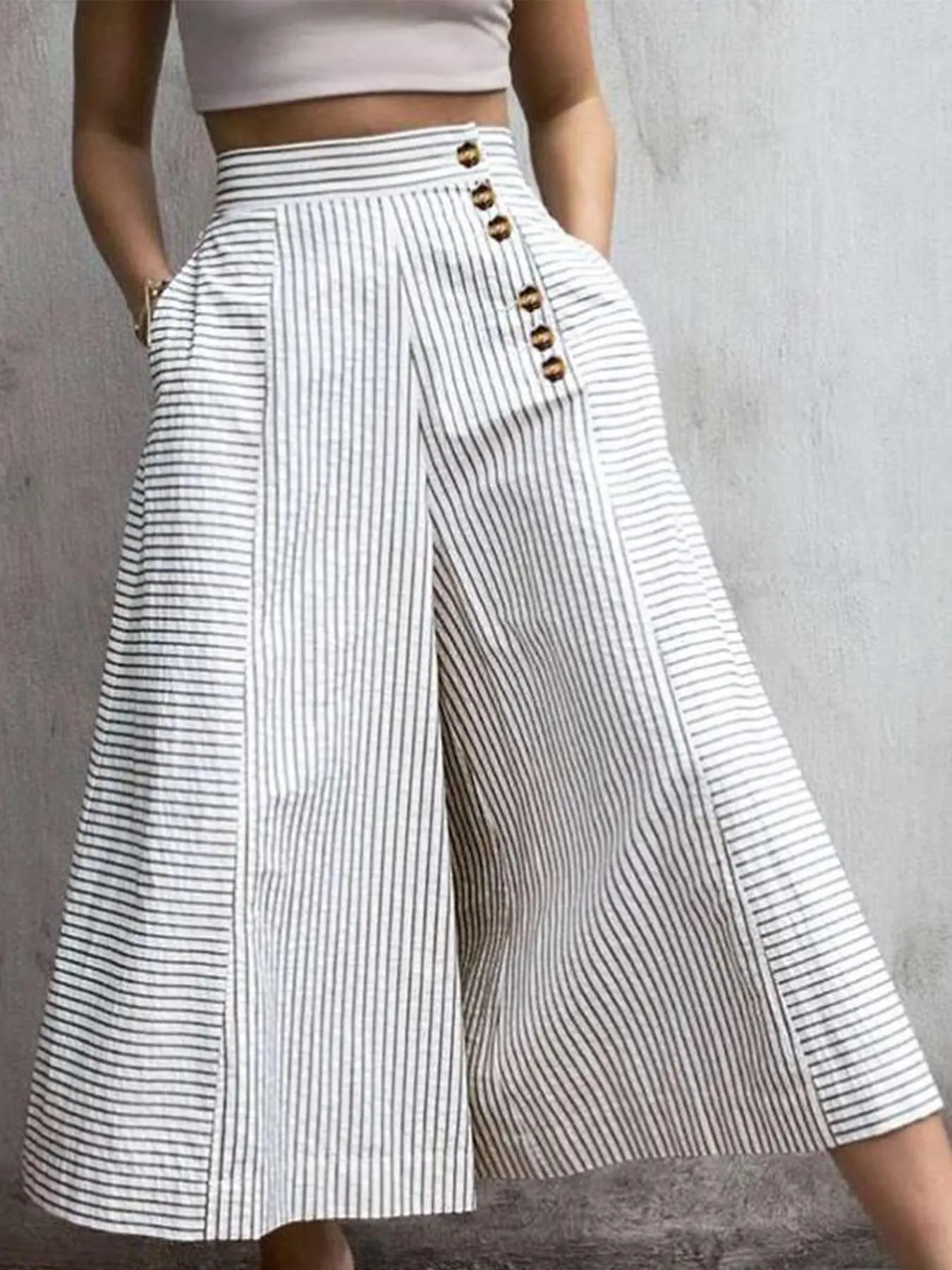 Women's Striped Print Button Pocket Wide Leg Pants, Casual Comfy Trousers for Daily Wear, Ladies Bottoms for All Seasons