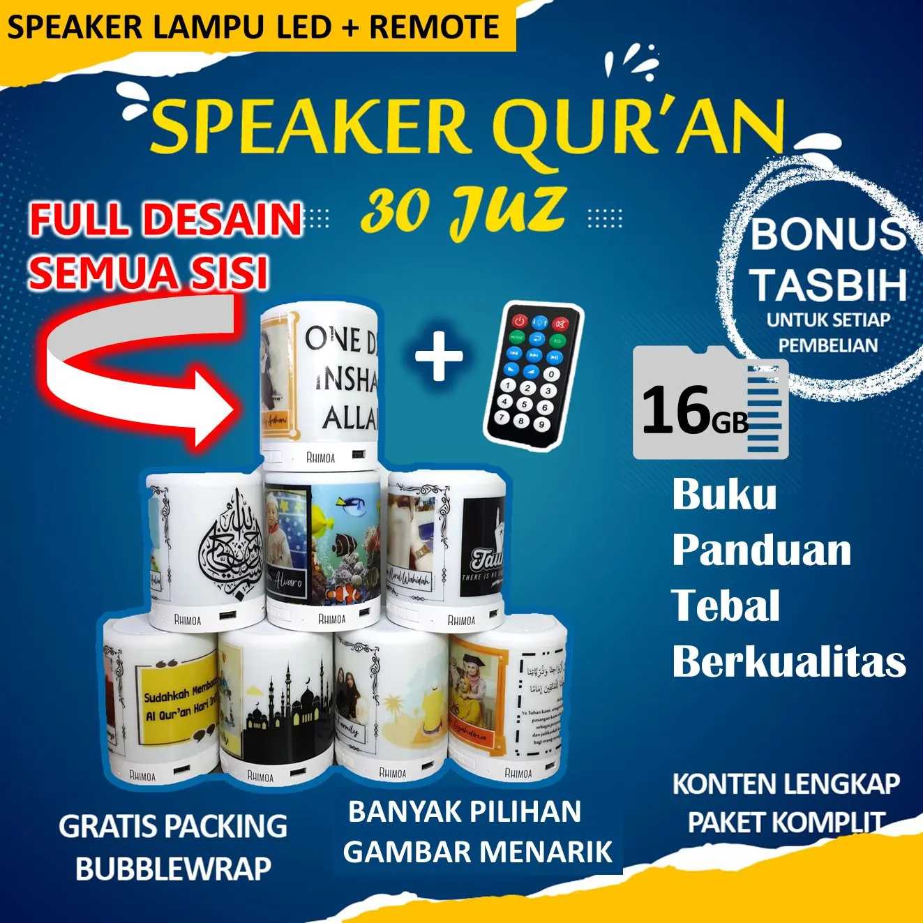 Speaker Lampu LED Murotal Al Quran 30 Juz 16 GB Bisa Custom