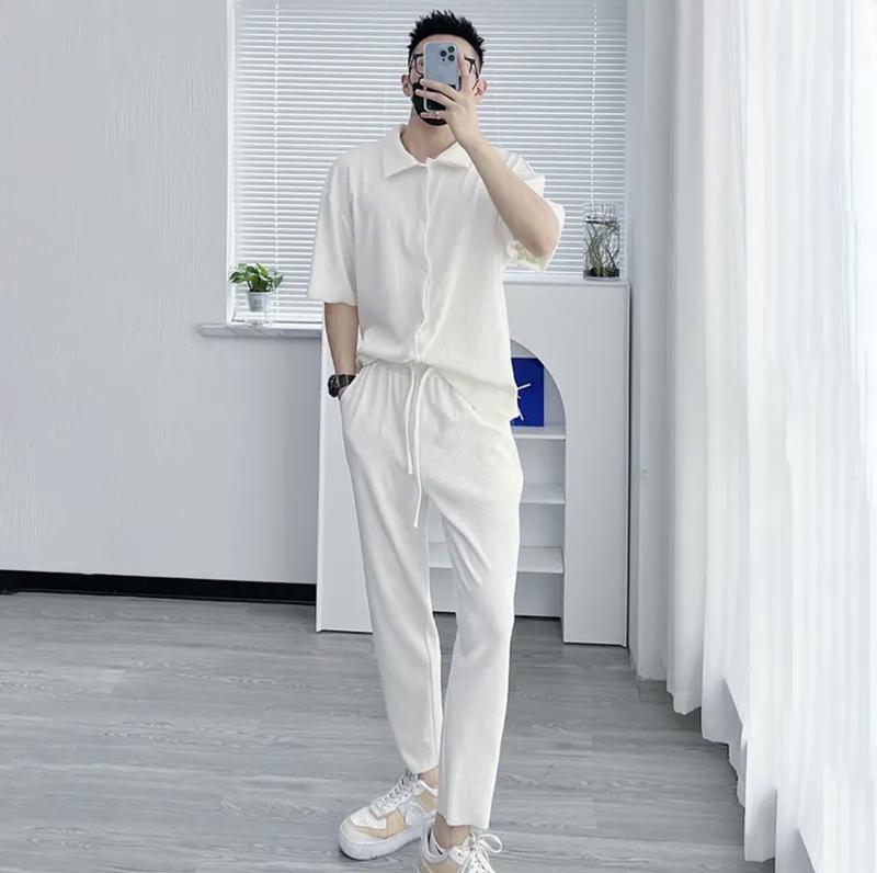 Đồ Bộ Nam Chất Liệu Len Tăm Áo Tay Cộc Phối Quần Dài Menswear Polo Trắng Ngắn Tay Có Cổ