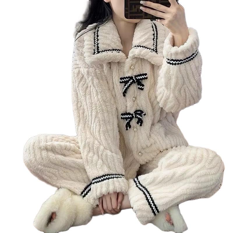 [SIÊU RẺ ]Bộ Ngủ Bông Cổ Bẻ Đính Nơ Cute Đồ Bộ Pijama Bông Tuyết Giữ Ấm cho Nữ